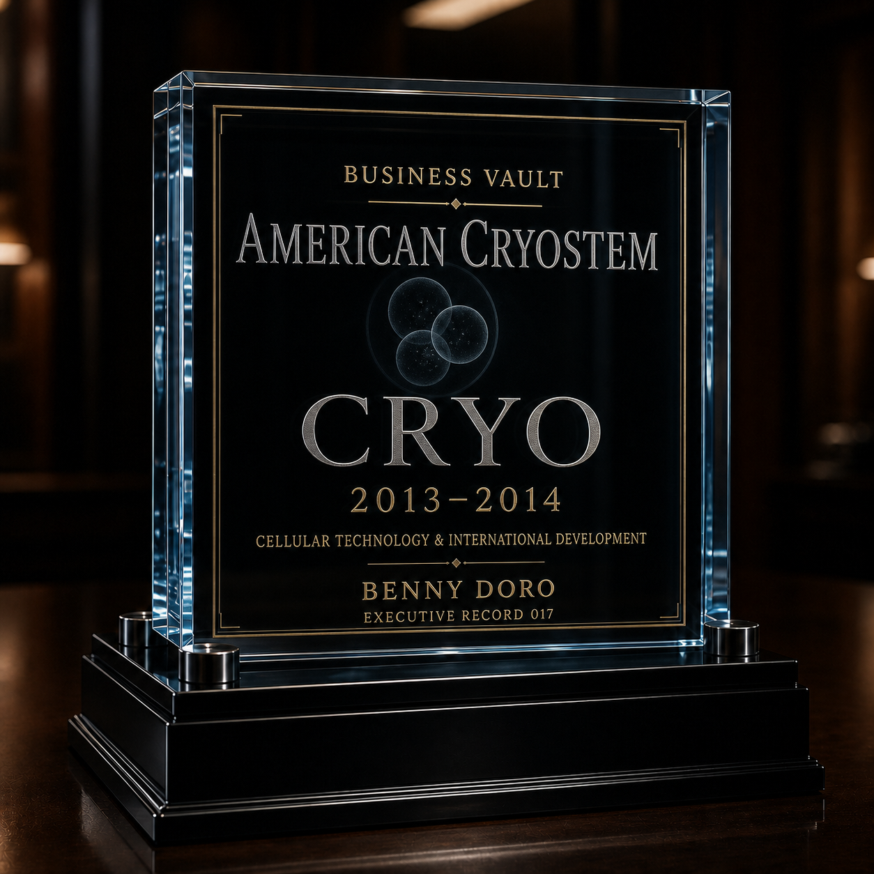 American CryoStem CRYO Executive Record 017 clinical optical-crystal tombstone