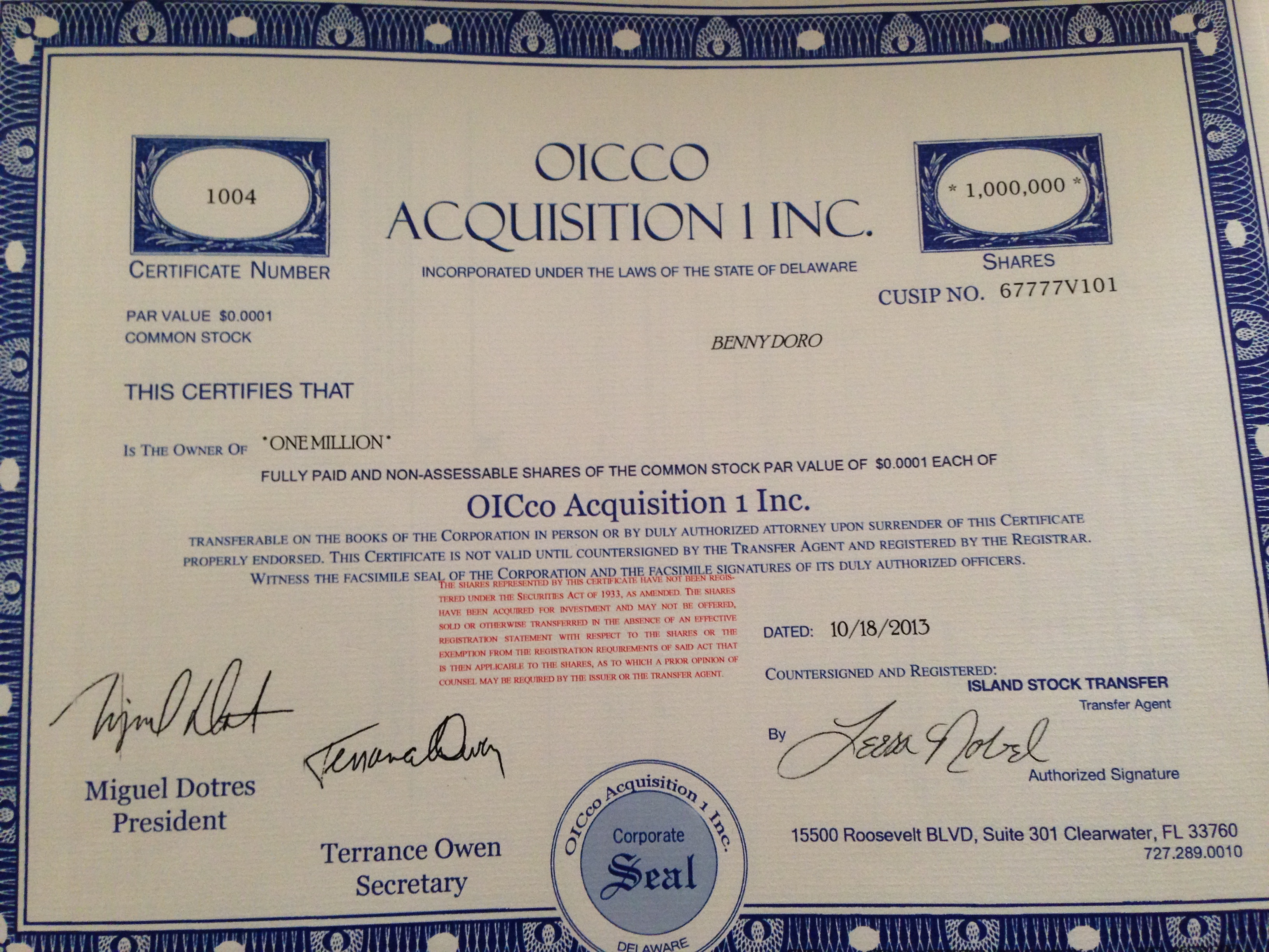 Original OICCO Acquisition 1 Inc. stock certificate issued to Benny Doro for one million common shares on October 18, 2013.