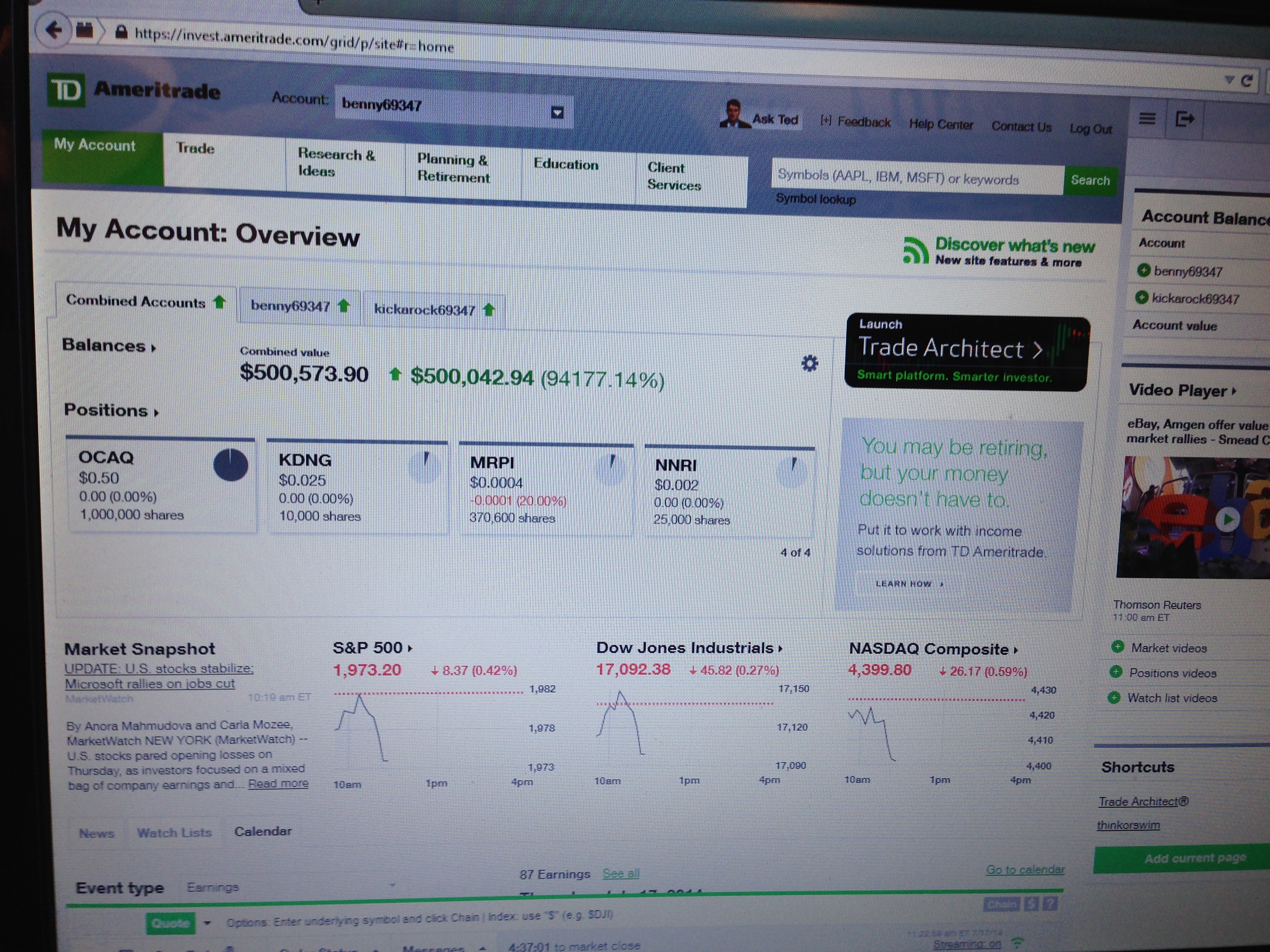Original TD Ameritrade account photograph showing an OCAQ position of one million shares at a displayed price of fifty cents.