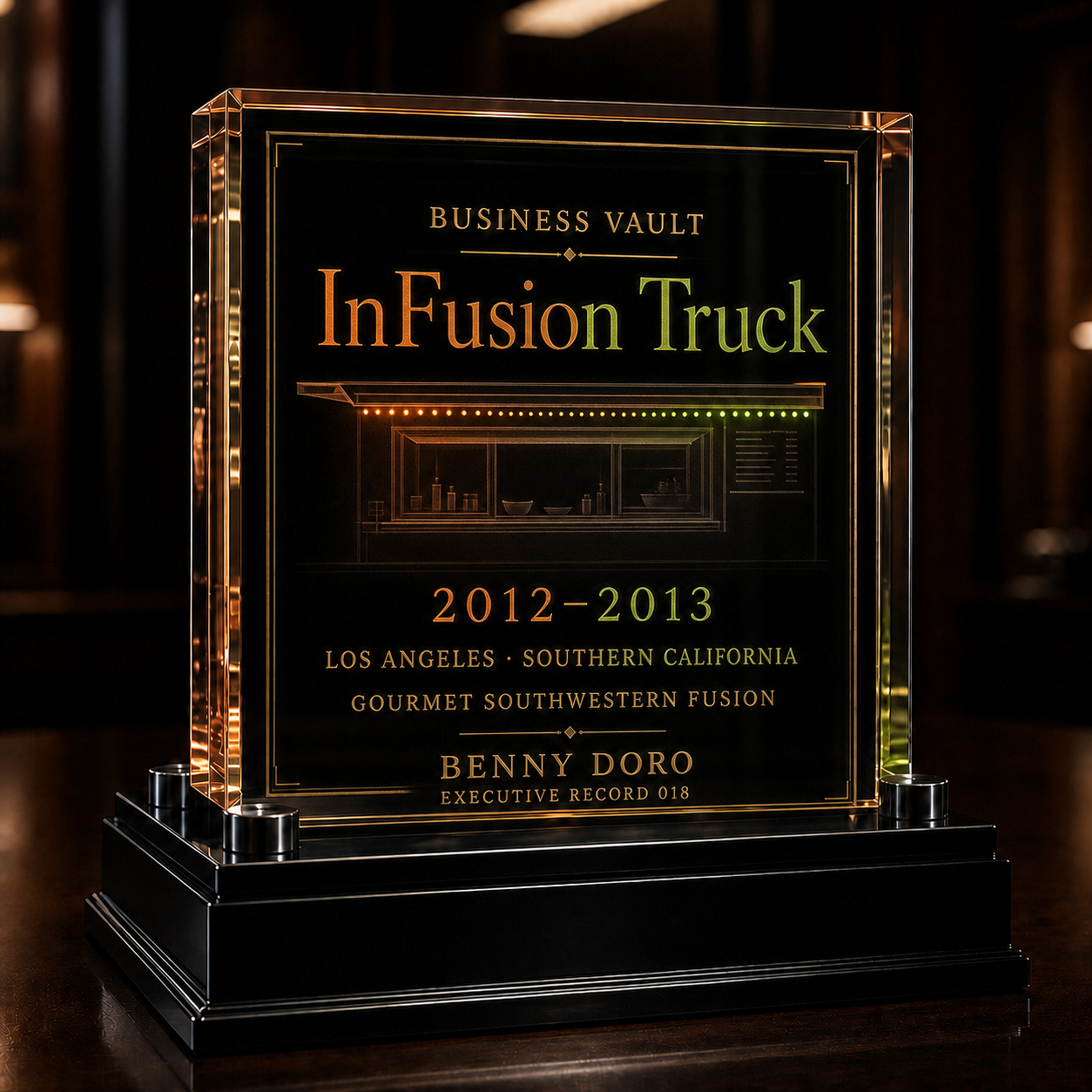 InFusion Truck Executive Record 018 optical-crystal tombstone with warm orange and lime accents