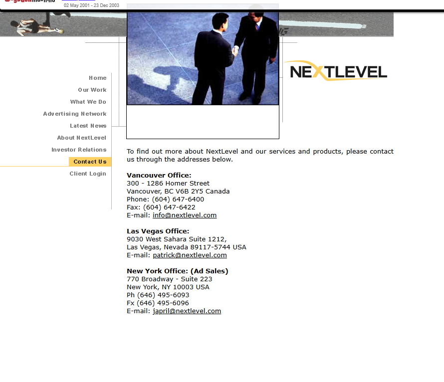 Archived NextLevel contact presentation showing historical offices