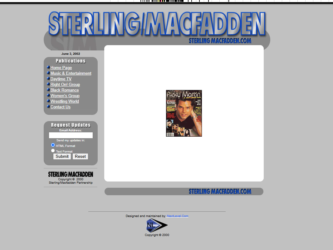 Archived Sterling Macfadden page credited as designed and maintained by NextLevel.com