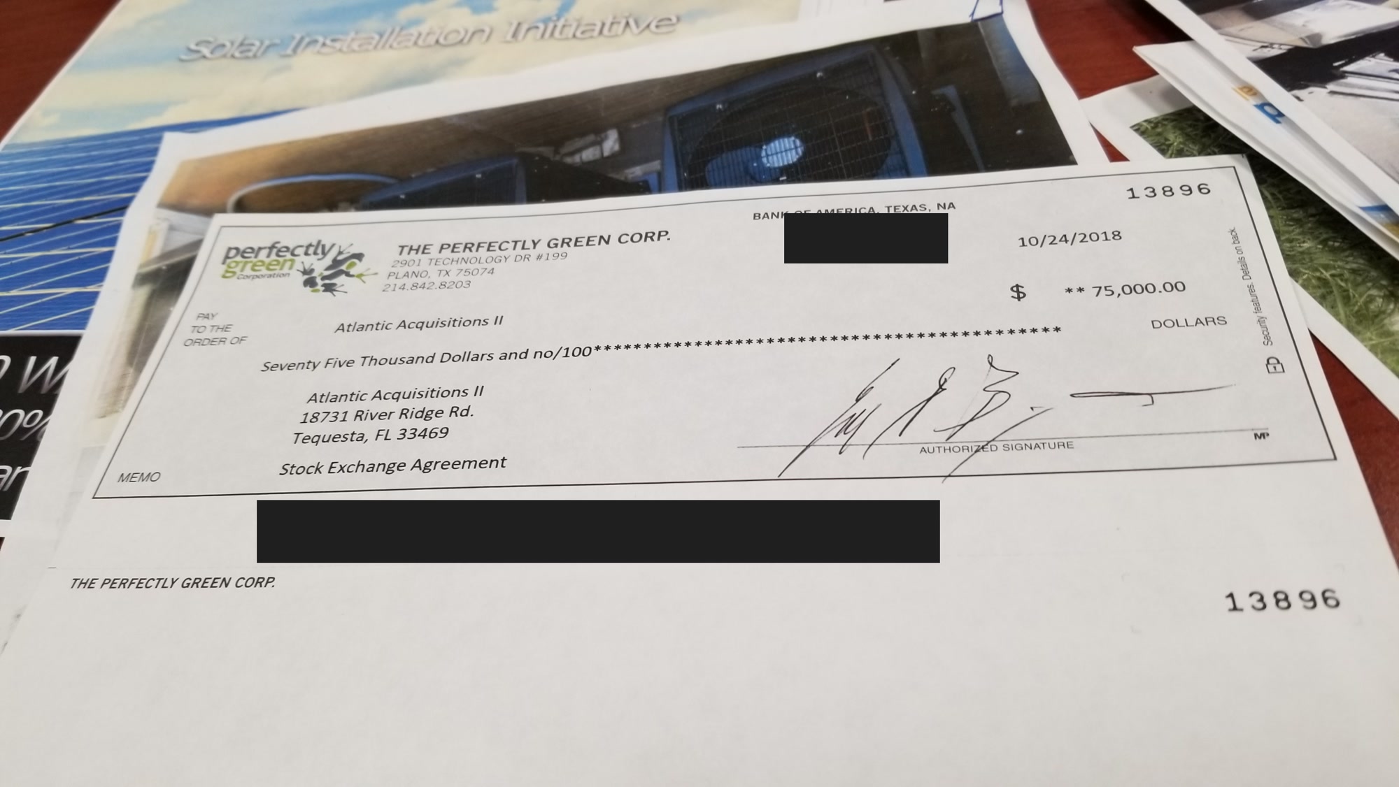 Redacted October 24, 2018 Perfectly Green check for 75,000 dollars payable to Atlantic Acquisitions II