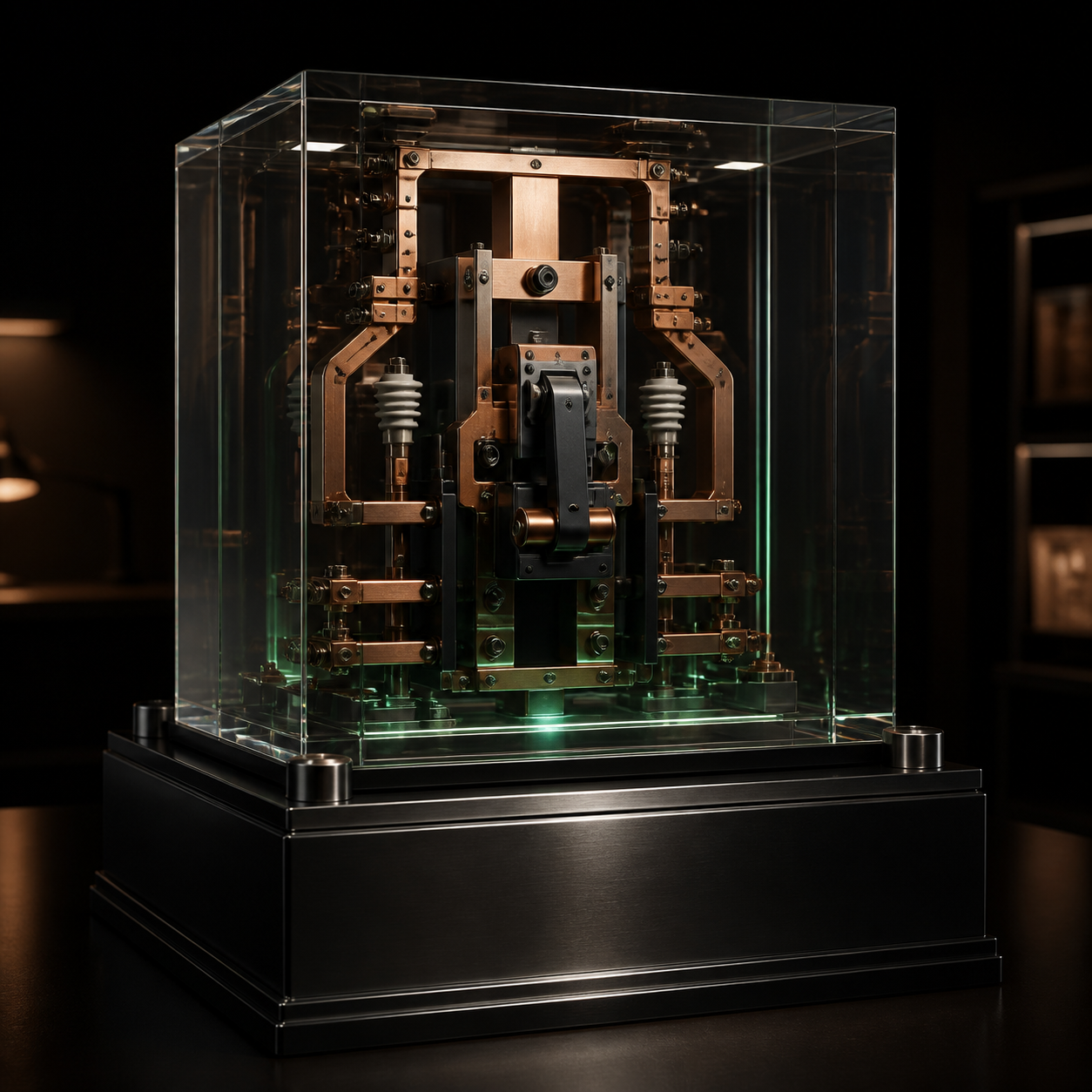 Perfectly Green Executive Record 015: a dimensional museum artifact built from optical crystal, machined black metal, copper bus bars, ceramic insulators and a dormant central switch with restrained green illumination.