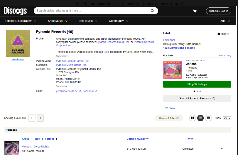 Discogs label profile showing the archival purple and gold Pyramid Records mark, Miami address and visible catalog entry
